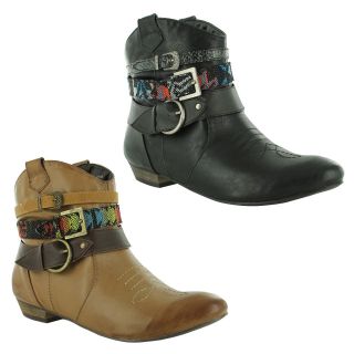 New Ladies Pixie Low Heel Slip On Cowboy Texas Ankle Boots Size UK 3 4 