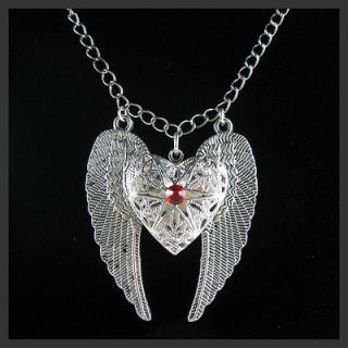 Silver Angel Wing Heart Swarovski Ruby Picture Locket Pendant Necklace