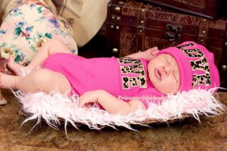 Newborn Baby Hot Pink Jumpsuit Romper Leopard LOVE Print Warm hat Cap 