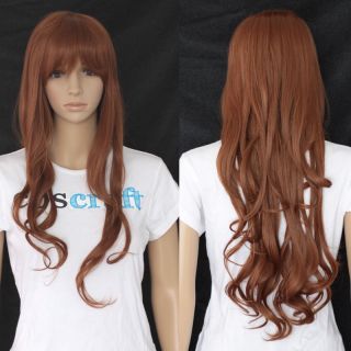 Long curly cosplay wig with straight fringe, chestnut brown UK seller 