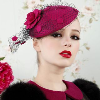   Fascinator Wool Hair Pillbox Hat Rose Veil Cocktail Party Wedding