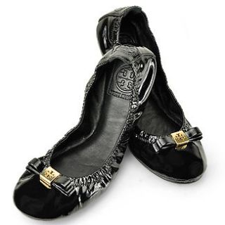 Tory Burch Eddie 7 Black Patent Leather Logo Bow Ballet Flat Shoes $ 