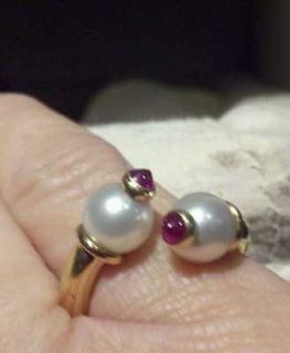 Authentic Bulgari pearl, ruby, 18 k gold, Bypass ring, size 7