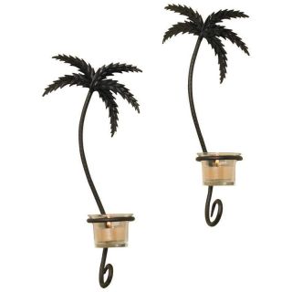New Black 2pc Pair Palm Trees Wrought Iron Wall Sconce Tealight Votive 