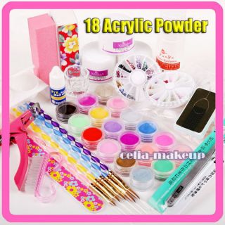   Full 18 color Acrylic Powder Liquid Nail Art Set Kit Kits Tip 122