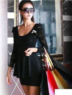 New Korea Women Black Long Sleeve Lace Clubbing Party Mini Dress Size 