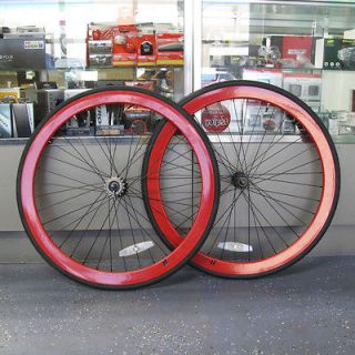New 700c 42mm Deep V 32 Hole Complete Wheelset w/ Tires Cog Red Fixie 