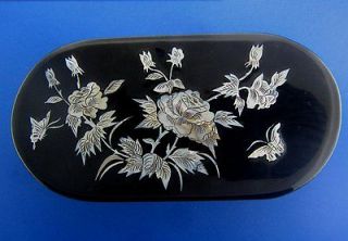 Vintage Chinese Black Lacquer Box Mother of pearl Inlay Floral 