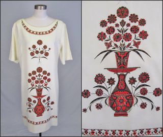 VTG 1960s Alfred Shaheen Designer Dress M L Tribal Floral Shift 