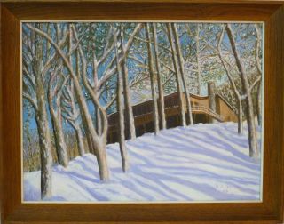 Cabin Winter Snow Forest Trees Landscape 24x18 Original Oil Painting 