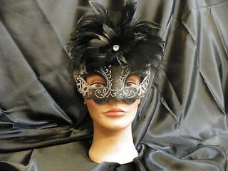 Black and Silver Venetian Masquerade Mask with Feather Accents