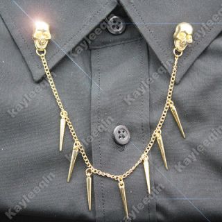 Gold Skull Spike Stud Rivet Collar Neck Tip Brooch Pin Chain Goth Punk 