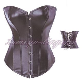 Dark Brown Faux Leather Overbust Corset Top Biker Girl Costume Lace up 