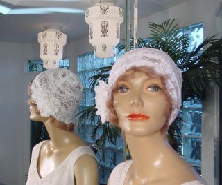 1920s Hat Flapper Cloche Hat White WHITE LACE w/ SEQUIN ACCENTS LOVELY 