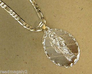 Large Oval St. Jude Silver Plated Charm & 24in Long Figaro Necklace 