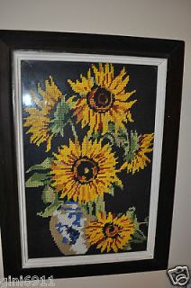 Vtg Framed Handmade Vase with Sunflower Gobelin Tapestry Needlepoint 