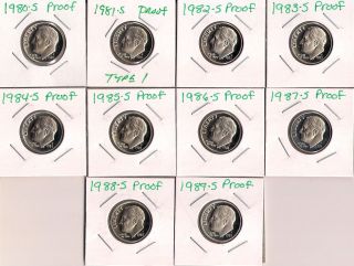 COMPLETE SET OF 1980 1989 S CAMEO PROOF ROOSEVELT DIMES ~ NO TYPE 2
