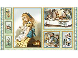 fabric qt alice in wonderland tea party character panel time