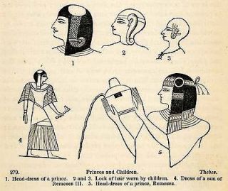 1854 Woodcut Ancient Thebes Egyptian Headdress Hair Prince Remeses 