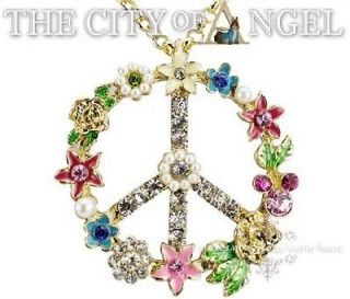 Monet Colorful Flowers in Peace Sign Gold Tone Long Necklace