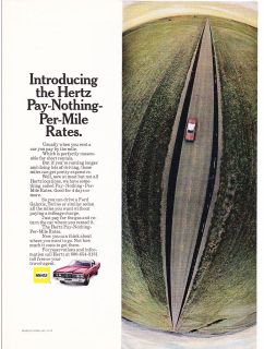   Print Ad 1972 Introducing HERTZ pay nothing per mile Rates CAR RENTAL