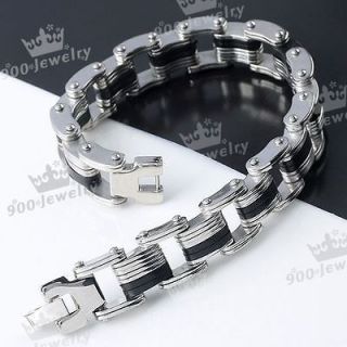   Silvery Stainless Steel Locks Style Rubber Bracelet Wristband Gift 8L