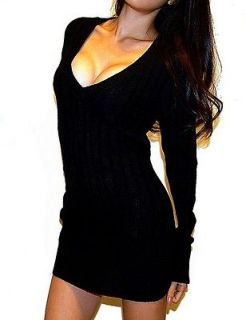 SEXY BLACK V NECK CABLE KNIT RIBBED SWEATER CASUAL TUNIC TOP / MINI 