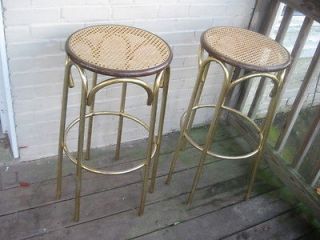    Century Mod FUNKY Brass PAIR OF STOOLS with Caned Seats   FREE S/H