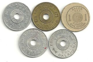VERY NICE VINTAGE LOT OF 5 OKLAHOMA SALES TAX/CONSUMERS TAX TOKENS