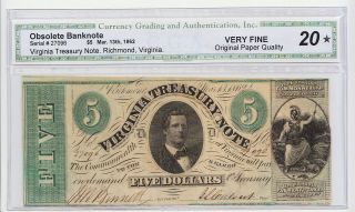 1862 obsolete virginia treasury note very fine 