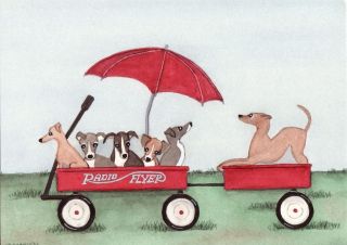 Italian greyhounds wait for Radio Flyer wagon ride / Lynch signed 