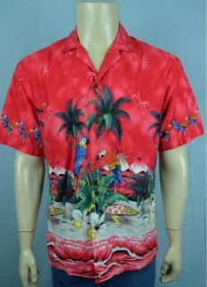   Red Floral & Parrot Print Hawaiian Shirt Mens Sz M Matching Pocket