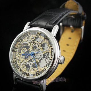   Style Skeleton Hand Mechanical Wrist Watch Silver Steel Leather Black