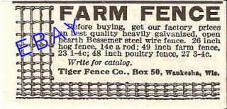 1914 tiger woven wire farm fence ad waukesha wisconsin time