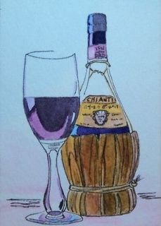   Original Watercolor & Ink CHIANTI WINE Bottle Woven Holder BEAUTIFUL