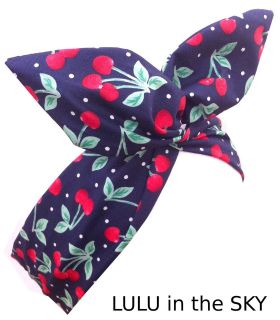   PIN up wire headband Navy Blue with Red Cherry Print Hair Wrap
