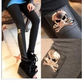 Women Girls Skull PU Leather Leggings Pantyhose Thights Slim Cotten 