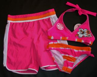 ZeroXPosur~Gi​rls Pink/Orange/Wh​ite 3 Piece Bikini Swimsuit Set 