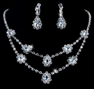 2line clear costume bridal Necklace Earring set rhinestone 