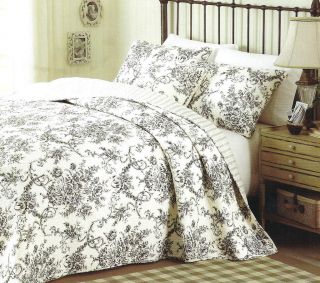 NIP Cottage Country French Cotton Quilt Black Ivory Toile Domain Fl/Qn 
