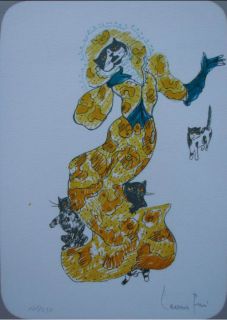 Unframed LEONOR FINI Signed Color Lithograph CAT IN YELLOW DRESS 