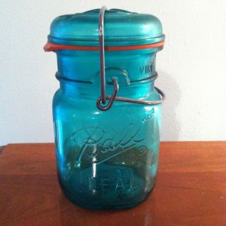   Ball Canning JarTeal with glass and bail lid Number 8  Beautiful