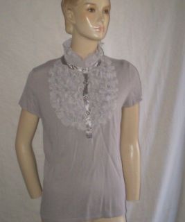 Adrienne Vittadini Gray Silver Ruffled Holiday Christmas Blouse Knit 
