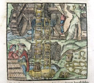 1557 AGRICOLA FOLIO WOODCUT Medieval Mining SCENE