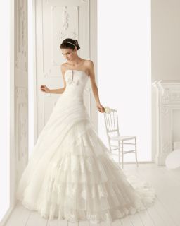 Strapless A Line Wedding Dress Sweep Train Lace Organza Tires Bridal 