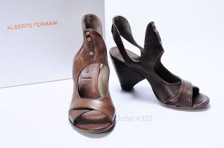 Alberto FERMANI 38 5 8 5 Open Toe Sandal Heel Cutout Brown Leather 