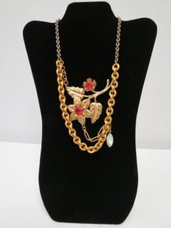 Thea Grant Multi Chain Vintage Flower Necklace New Gold Tone Red 