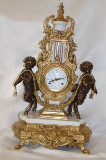 Imperial Brass Bronze w White Marble Clock Antique w Key