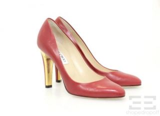 Jimmy Choo Red Leather Almond Toe & Gold Heel Pumps Size 36.5