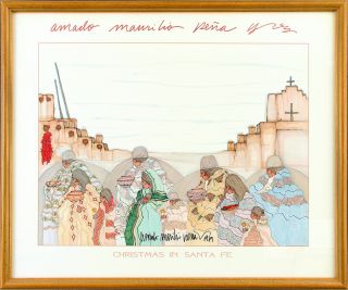 AMADO MAURILIO PENA JR Signed Framed Orig Print CHRISTMAS IN SANTA FE 